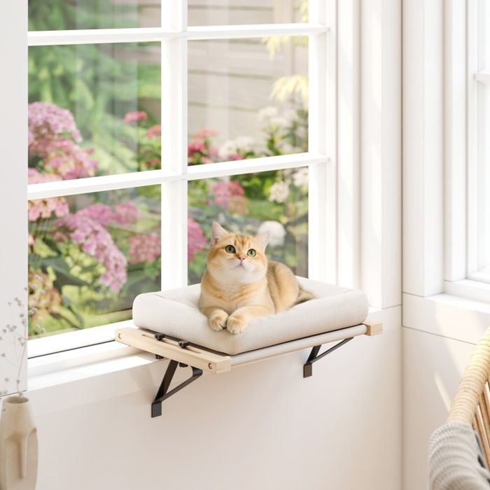 Niche pour chat avec support pour rebord de fenêtre et radiateur coussin cadre en bois blanche