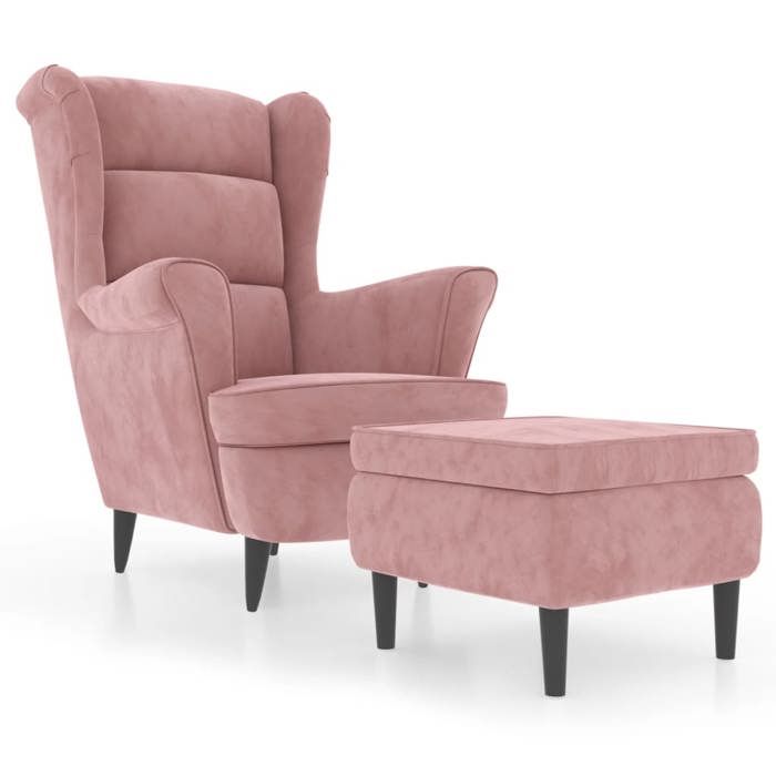 Les Soldes Fauteuil à oreilles (1 PLACE) - CLOUD - Chaise simple - Pour salon - avec tabouret rose velours J5933