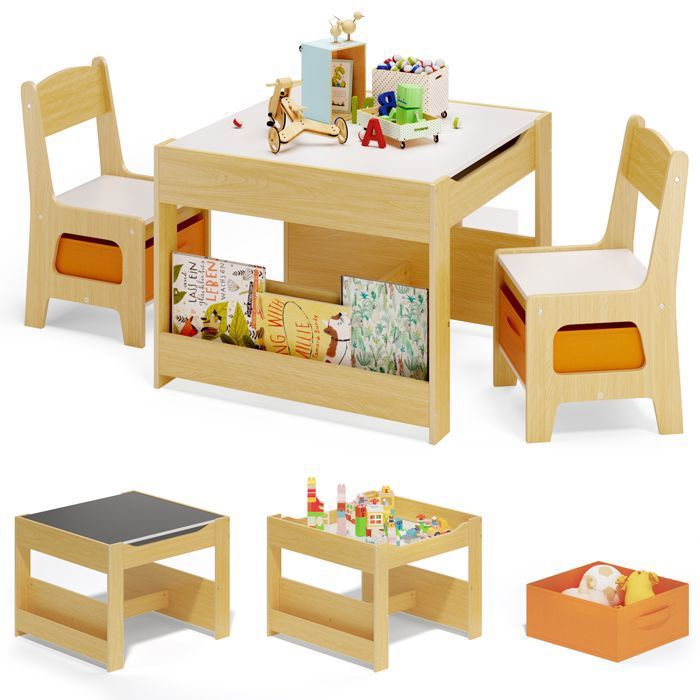 Table et 2 Chaises Enfant - Bealife - 2 Plateau Amovible - 2 Tiroirs - Dessin - Bureaux - Jouer - Manger - De 1 à 6 ans - Naturel