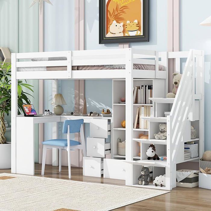 JTY Lit Mezzanine 90x200 cm - Lit Enfant avec Bureau Et Rangement Échelle Escamotable Bois MDF - sans Matelas - Bla LIT MEZZANINE