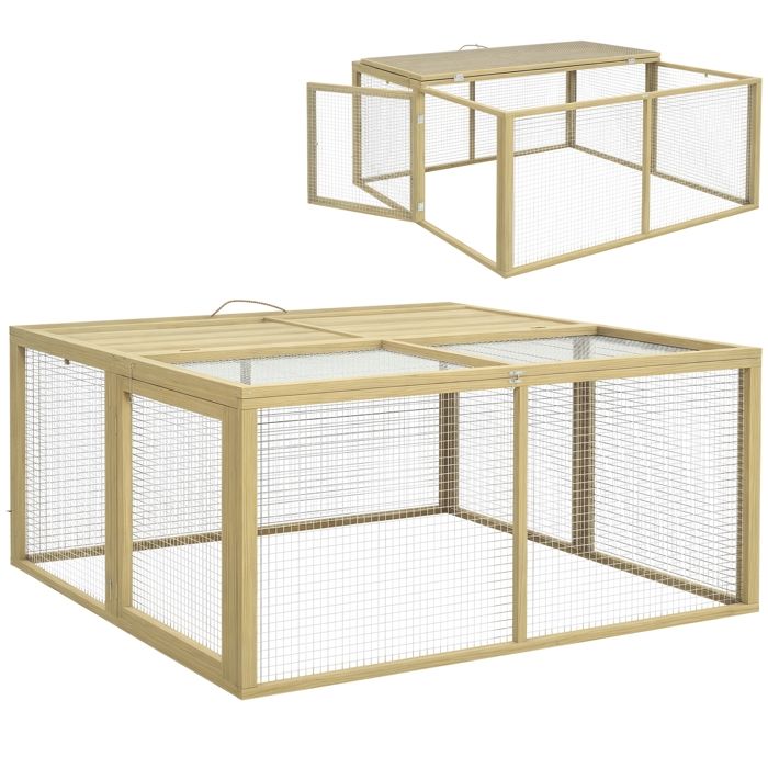 Comparer les prix de Enclos lapin extérieur - cage lapin intérieur - PawHut - pliable toit ouvrant total poignée 144㎡ - bois - 120x120x57cm - naturel