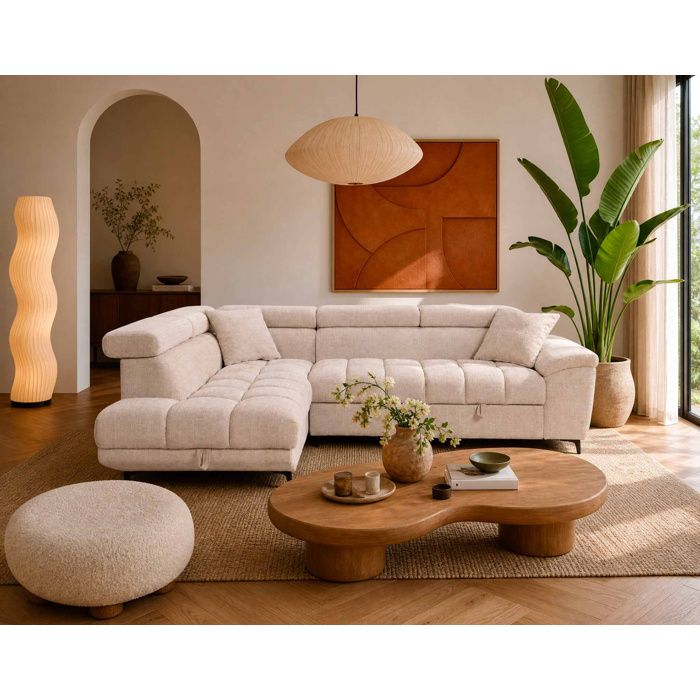 Camille - Canapé dangle gauche 5 places convertible avec têtières et coffre en velours texturé - Beige