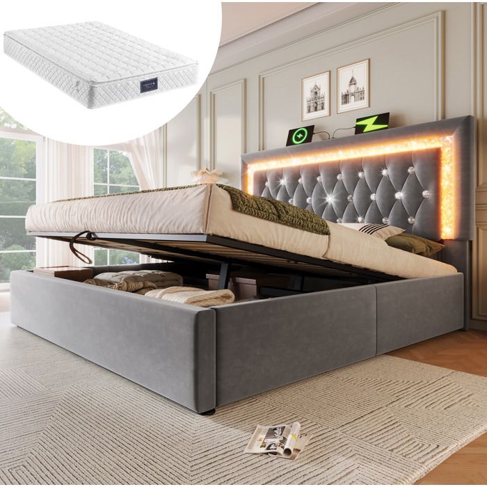 Lit 140 × 200 cm en velours gris avec LED rangement hydraulique et matelas