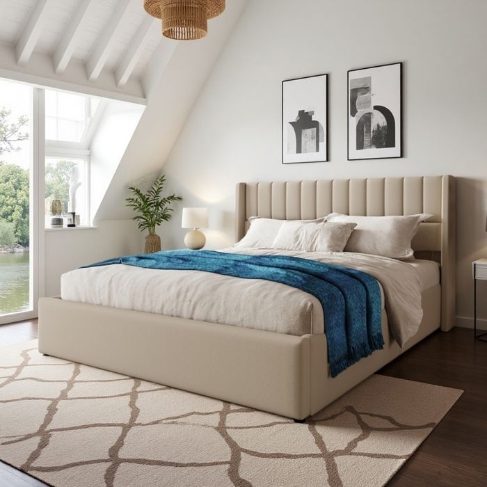Lit coffre 160x200 cm ADWOLT Tête de lit rembourrée Lit adulte avec espace de rangement tissu en Lin beige