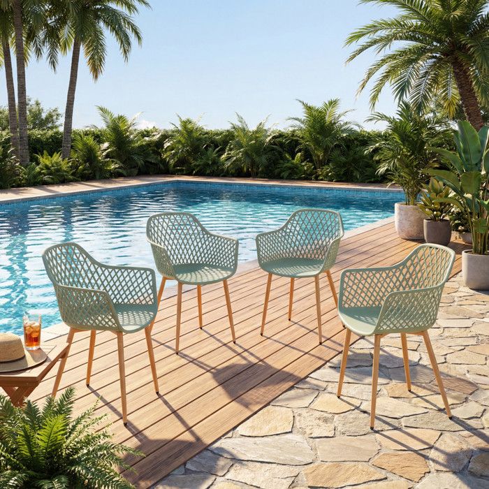EGGREE Chaise de Jardin Lot de 4 Coque en PP Structure en métal Patins réglables en Hauteur Gris-vert EGGREE Chaise de Jardin Lot de 4 Coque en PP Structure en métal Patins réglables en Hauteur Gris-vert