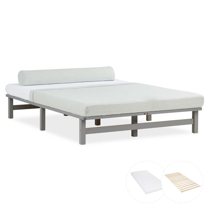 Lit double - HOMESTYLE4U - 3050 - 140x200 cm - Bois pin massif gris - Sommier et matelas inclus