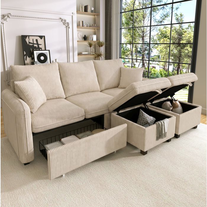 Canapé dangle modulable 3 places EVRYAE 188 x 186 x 86 cm avec rangement poufs coffres beige