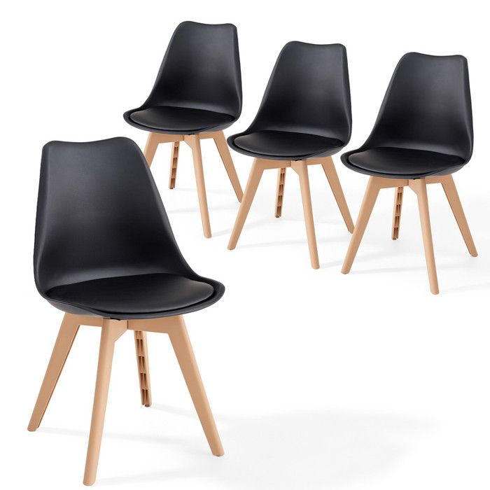 Lot de 4 chaises — Scandinaves — Noir — Pieds en plastique effet bois  — Assise en similicuir