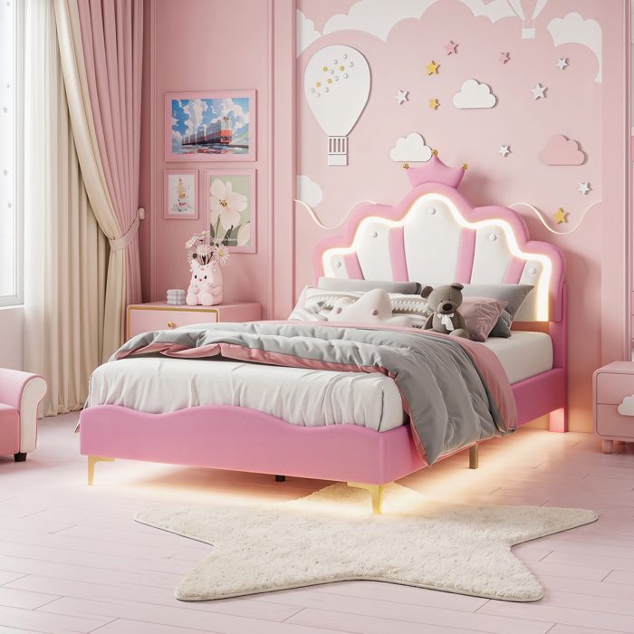 Lit Enfant Rembourré 90x190 avec LED Lit Simple pour Fille avec Tête de lit Princesse Couronne et Sommier à Lattes PU Rose