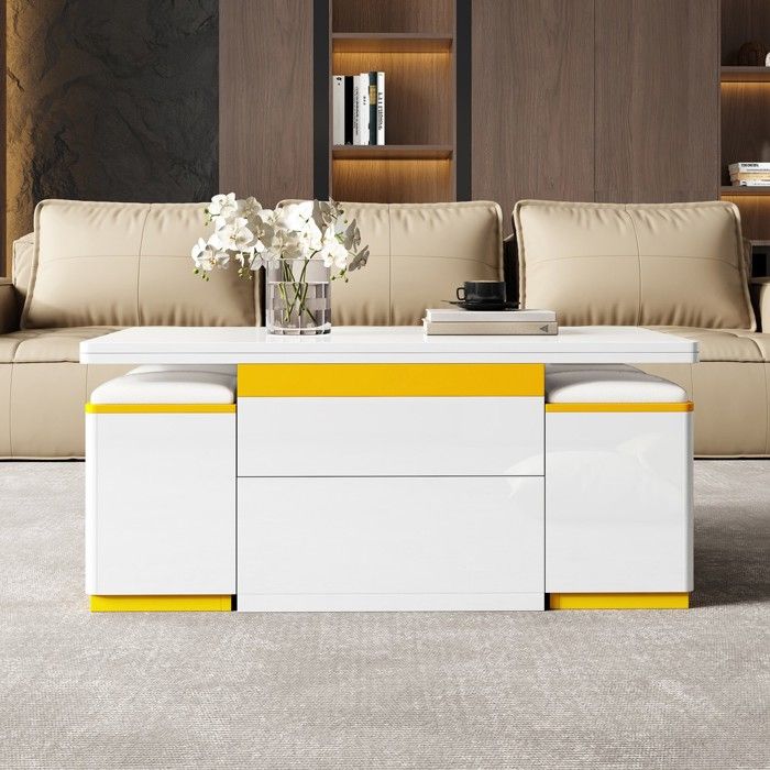 Table basse - MINIMAL - MINIMAL HOME - Plateau relevable et dépliable - 4 tabourets rangement - Blanc brillant multifonction Table basse - MINIMAL - MINIMAL HOME - Plateau relevable et dépliable - 4 tabourets rangement - Blanc brillant multifonction