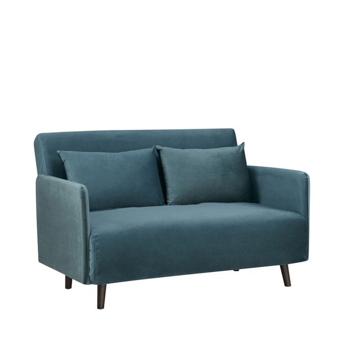 Belushi - Canapé convertible 2 places en velours pieds bois foncé - Bleu canard Belushi - Canapé convertible 2 places en velours pieds bois foncé - Bleu canard