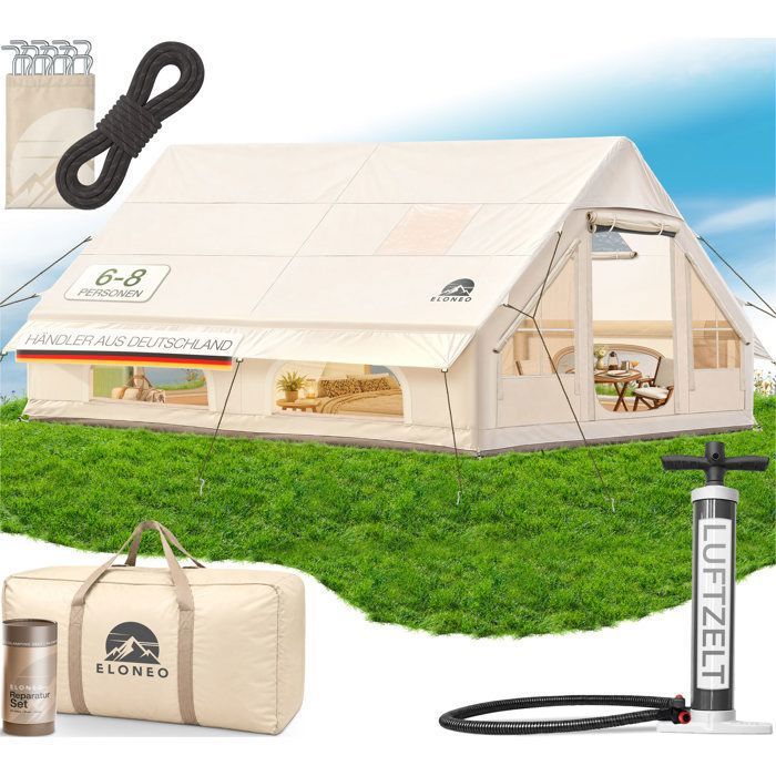 ELONEO tente gonflable glamping 300x400x200 cm beige tente camping familiale extérieure imperméable
