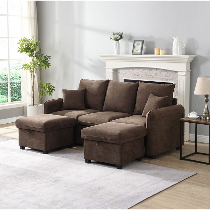 canapé d angle modulable rangement convertible chenille marron antique 3 places avec 2 poufs coffre EVRYAE