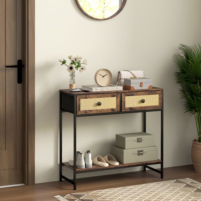 Console d’entrée - 80 x 30 x 75 cm - Marron rustique - Façades imitation rotin - 2 tiroirs