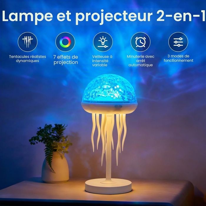 Veilleuse en forme de méduse avec projecteur deffet vagues océaniques veilleuse rechargeable 2 en 1