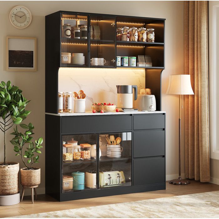 COVREO Buffet haut vitrine 120x40x180 cm noir et blanc MDF aspect marbre LED intégrée 3 tiroirs