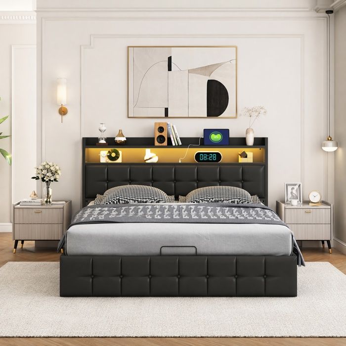 Lit coffre 140x190 cm avec LED et ports USB Lit 140x190 avec sommier à lattes et tête de lit rangement lit double adulte PU Noir