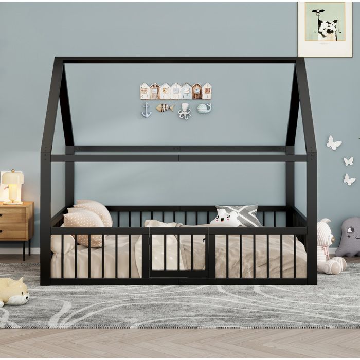 Lit cabane enfant 140×200 cm avec barrière et petite porte - ELVMI - sans matelas métal - noir