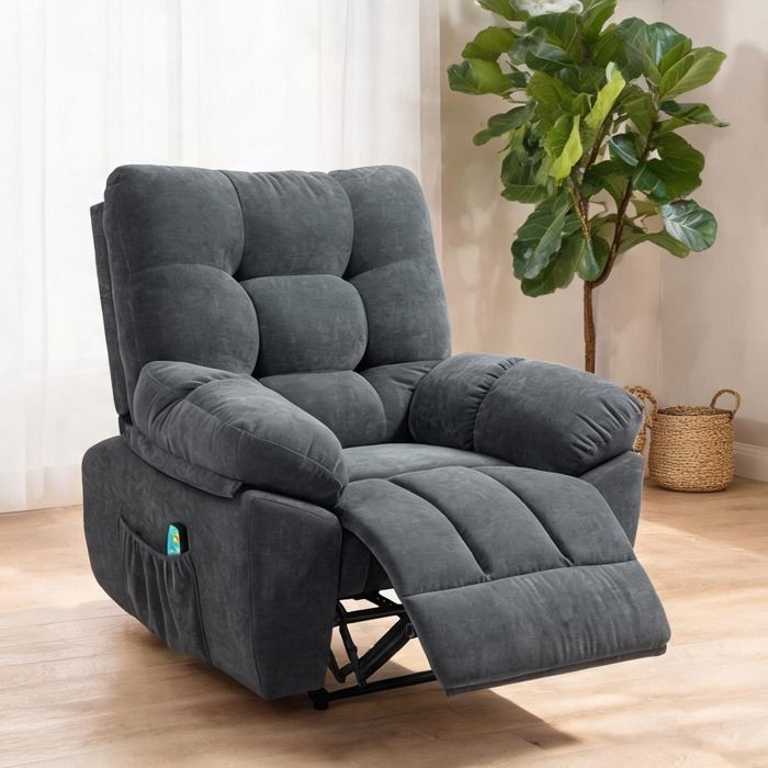 Fauteuil relax massant à 8 points vibrants dossier inclinable 150° tissu polyester gris neutre repose-pieds ajustable et
