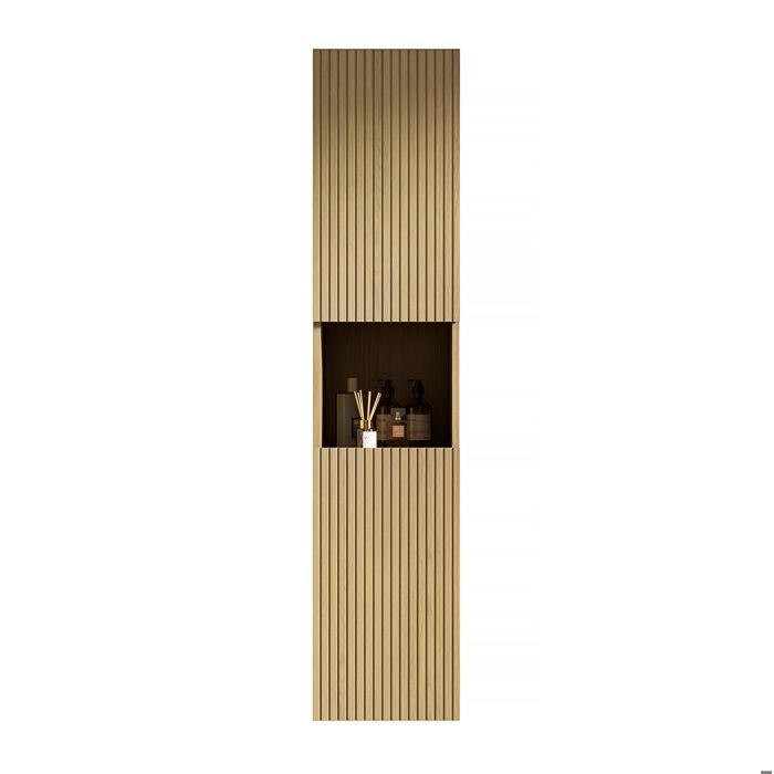WOVREO Colonne de salle de bain 160 cm etroite 2 portes 1 niche ouverte contreplaque multicouche decor chene dore