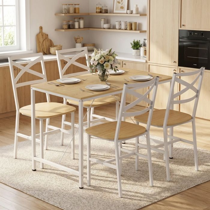 Ensemble Table Salle à Manger avec 4 Chaises Table de Cuisine avec Chaises pour 4 Personnes Bois Naturel et Blanc