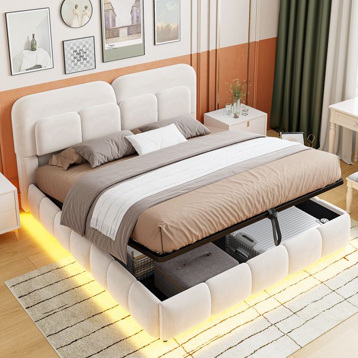 Lit Double Rembourré Velours Beige 140x200 cm Tête de Lit Volumineuse Coffre de Rangement Hydraulique Barre LED RVB Sommier à Lattes
