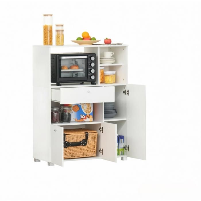 Buffet de cuisine – meuble micro-ondes blanc – 3 portes 1 tiroir 4 niches – 90 x 40 x 120 cm