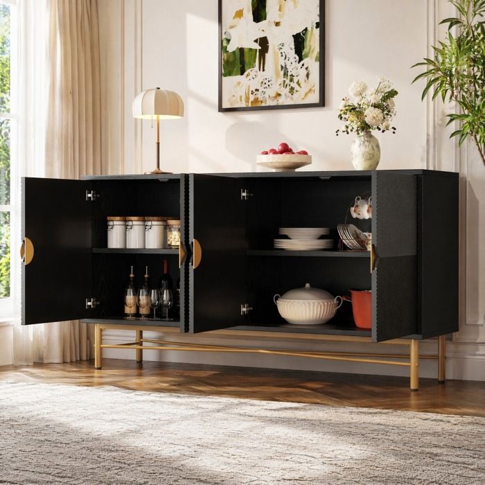 Buffet 4 portes 160 cm noir avec texture en relief et fermeture douce