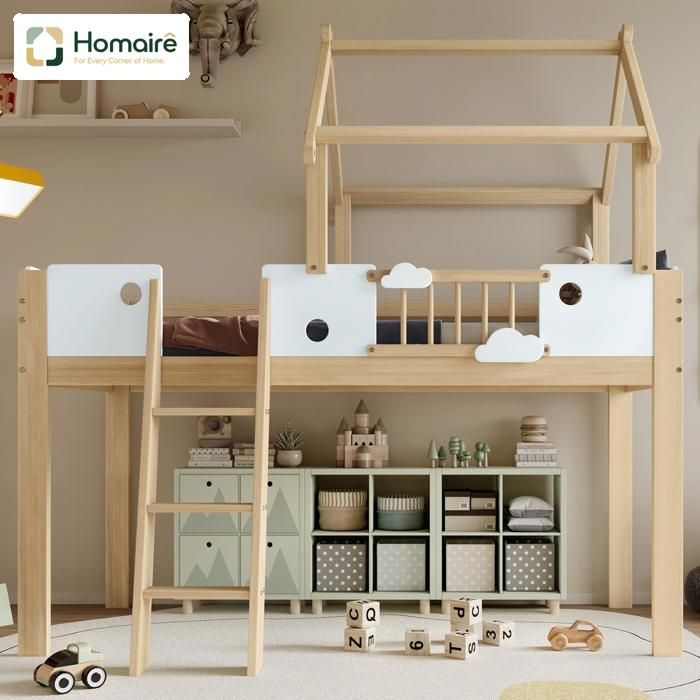 Lit de mezzanine certifié EN747 avec échelle à trois marches Bois naturel blanc Meubles de chambre pour enfants HOMAIRE