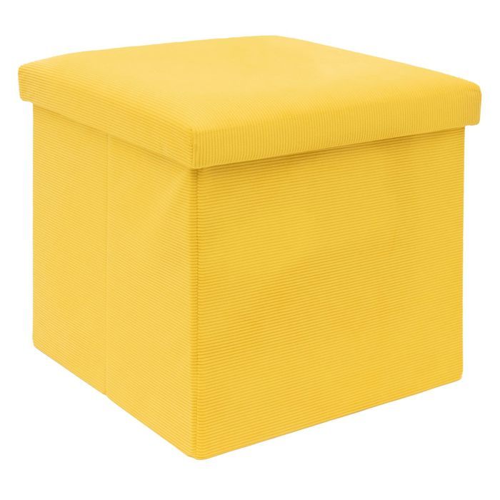 Pouf coffre de rangement pliable 38 x 38 x 38 cm jaune - tabouret cube en tissu aspect velours côtelé repose-pieds avec couvercle