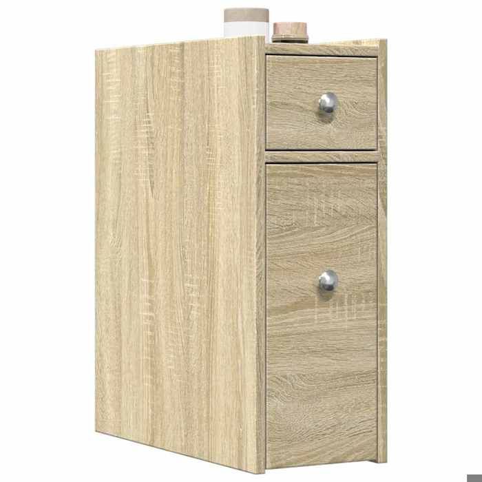 Brun Armoire de salle de bain étroite avec roulettes chêne sonoma - Meuble Rangement LV38198