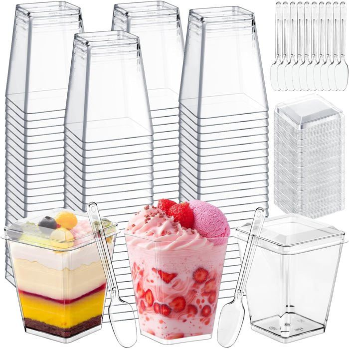Verrines plastique - 50 pièces 160ml avec couvercle - Verrines dessert - Coupes transparentes
