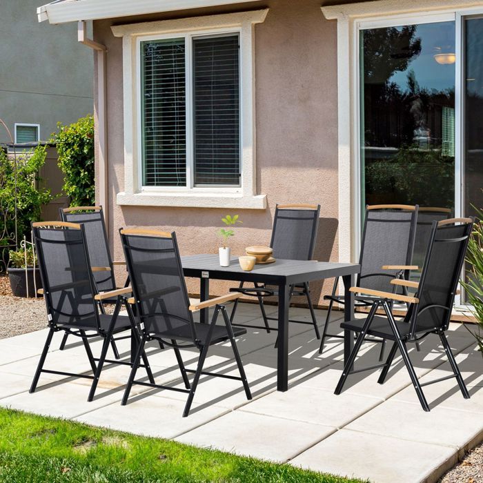 Salon de Jardin 1 pièce table et 6 chaises structure pliante aluminium maille noire