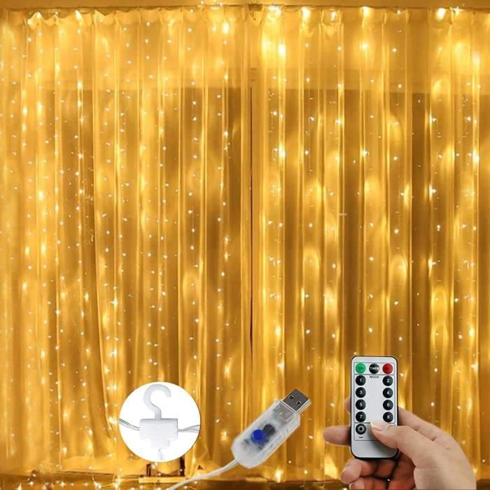 3m x 2m 200led - Blanc froid avec crochet - Guirlande rideau féerique à  LED, guirlande lumineuse USB, décor de fenêtre de maison avec  télécommande,décoration de vacances