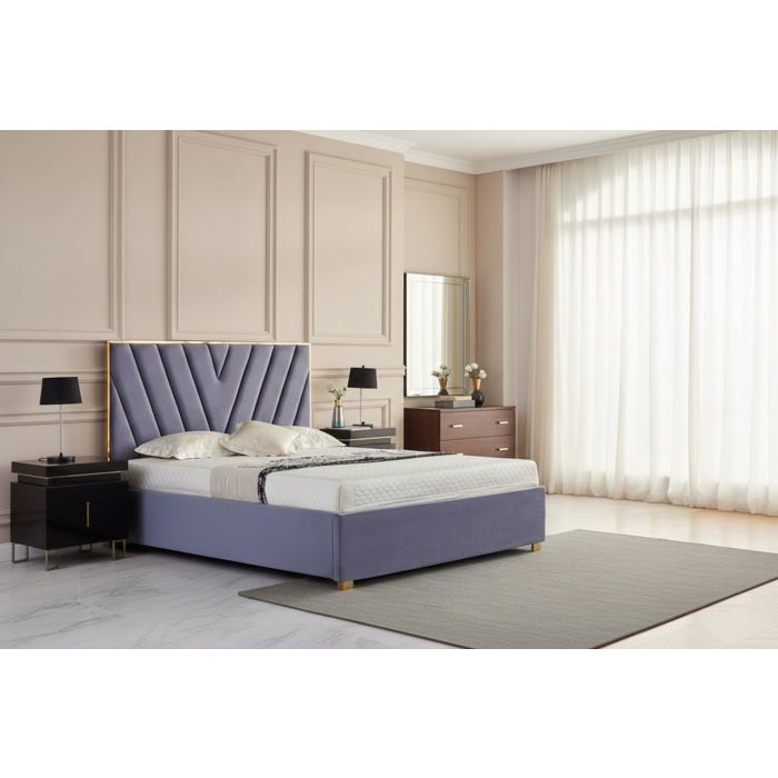 Lit adulte VERA 160x200 cm en velours gris avec sommier intégré