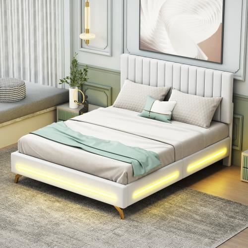 lit rembourré 140 x 200 cm avec lampe led et cadre à lattes, tissu velours, lit double avec tête de lit réglable, blanc