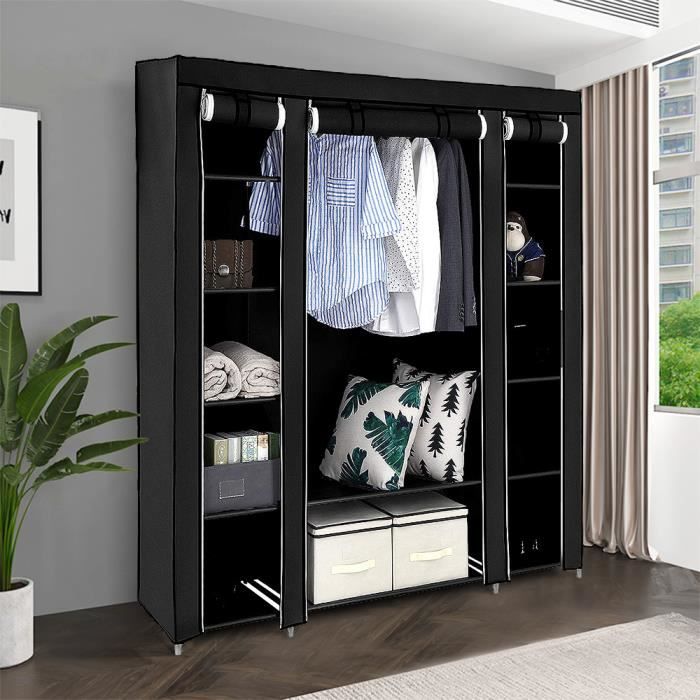 Armoire de rangement KEISHA XXL en tissu non-tissé 175 x 150 x 45 cm penderie souple avec 3 portes en rouleau