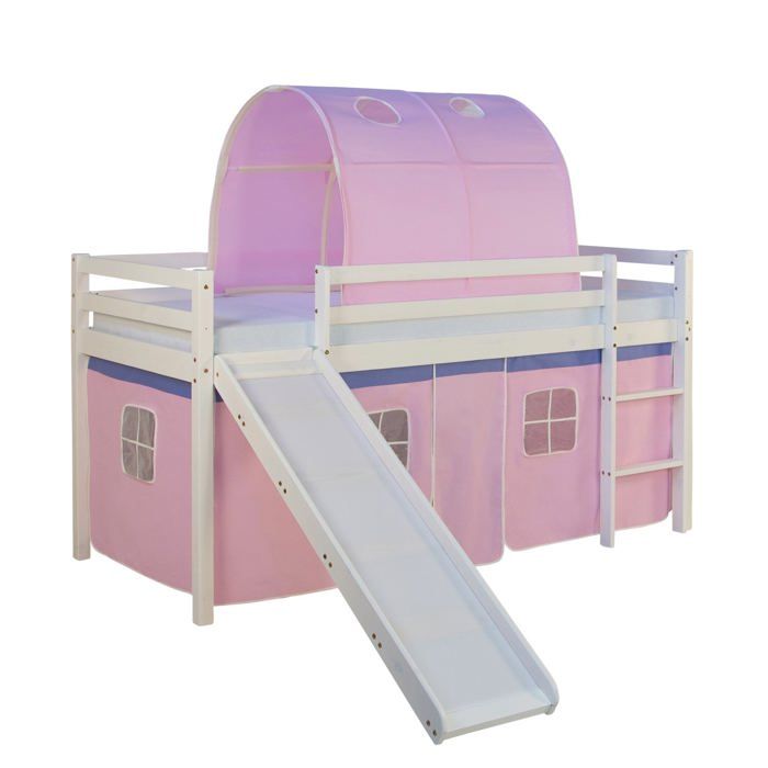 Lit mezzanine pour enfant avec sommier toboggan tunnel rideau modele rose 90x200 cm LIT06187