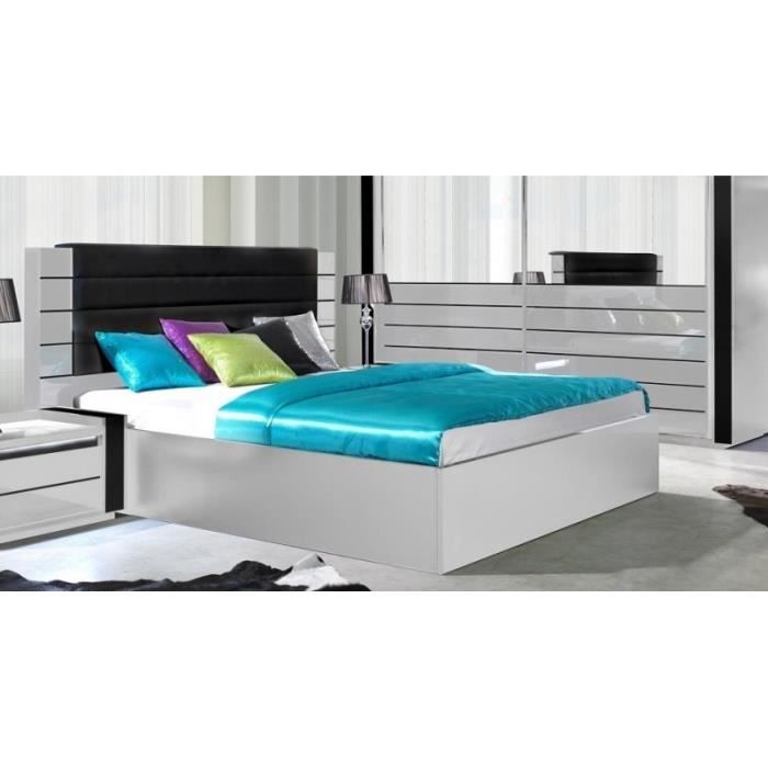 Lit double 180 cm - LINA - Blanc - Simili cuir - Coffre de rangement - Design épuré