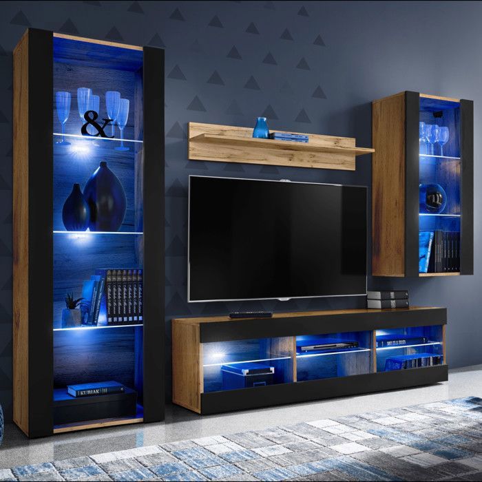 Meuble TV Tivoli Set Medio Komodee - LED bleues - Noir Mat ET Bois naturel - 195x159x35 cm Meuble TV Tivoli Set Medio Komodee - LED bleues - Noir Mat ET Bois naturel - 195x159x35 cm