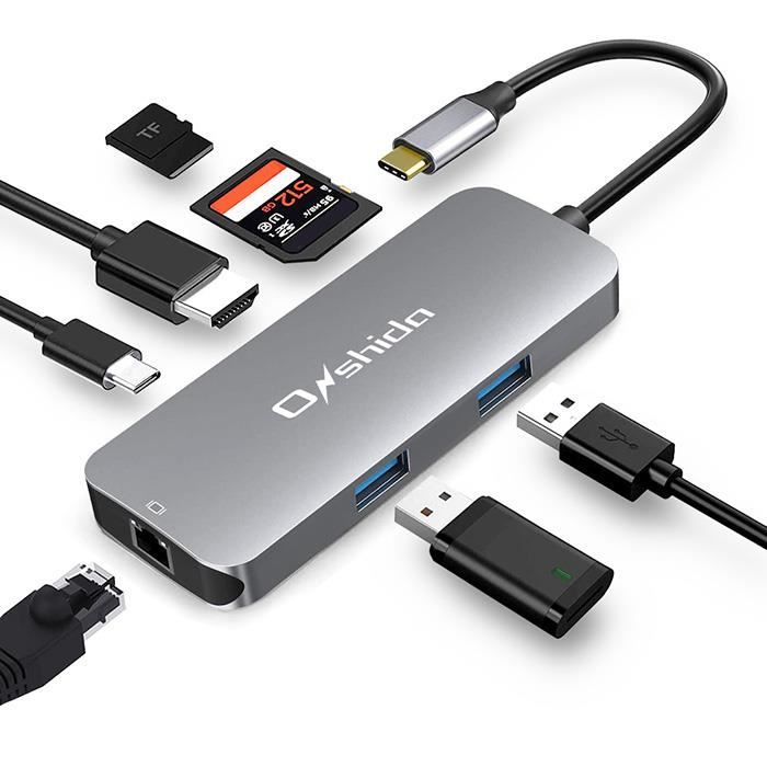 Hub USB C 7 en 1 Adaptateur Type C Onshida vers HDMI 4K, Ethernet RJ45, 2*USB 3.0 et Lecteur de Carte SD/TF pour MacBook Dell XPS
