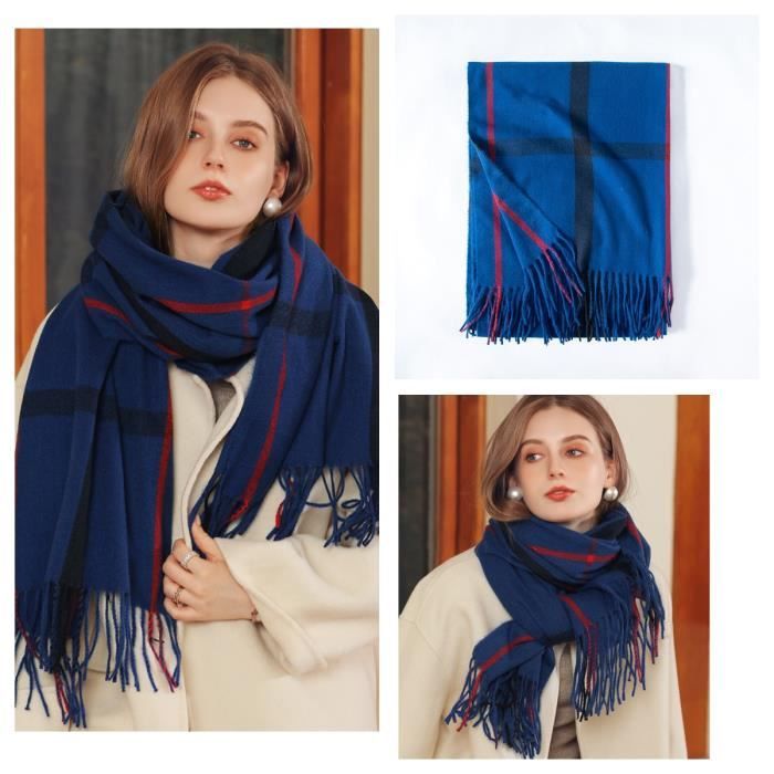 21-bleu Foulard en cachemire pour femme, cache nez, grande couverture  classique à carreaux, châle doux et ch
