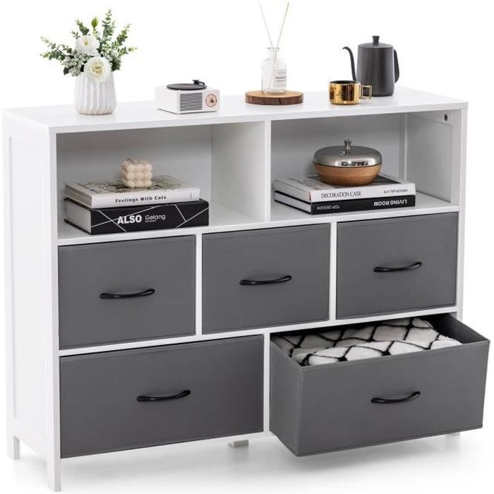 COSTWAY Commode à 5 Tiroirs Tissu - 2 Étagères Ouvertes - Meuble de Rangement de Chambre Salon Couloirs Entrées 100 x 30 x 78