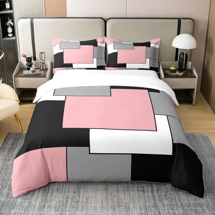 Housse De Couette En Coton 100% Rose Blanc Noir GrisParure De Lit