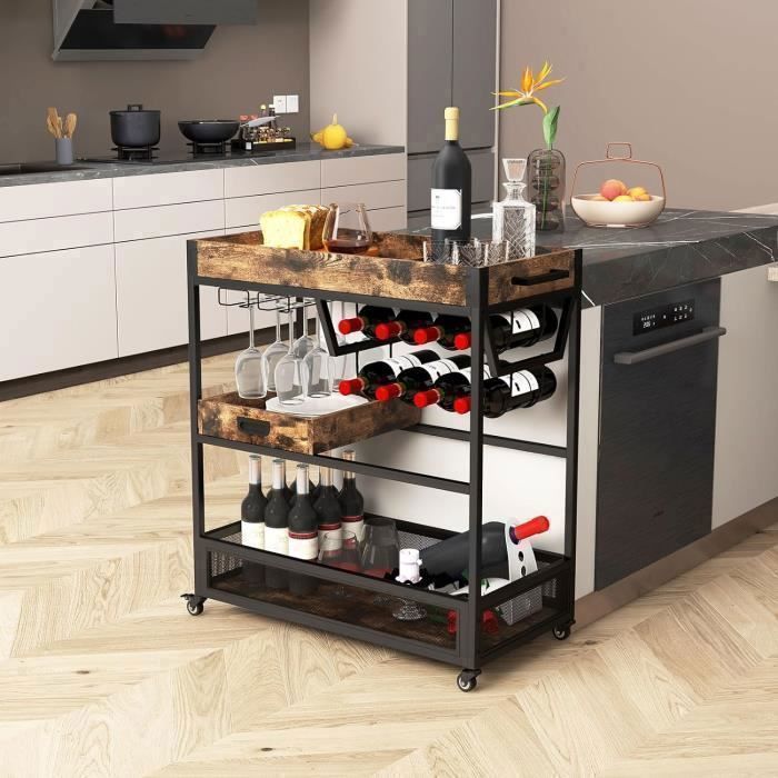 Sapphome Chariot pour îlot de cuisine, îlot de cuisine roulant avec plateau en bois d'hévéa