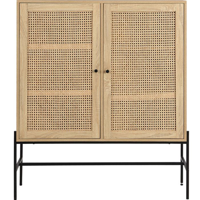 Buffet haut 2 portes en cannage naturel et effet chêne 100 cm - Iris Buffet haut 2 portes en cannage naturel et effet chêne 100 cm - Iris