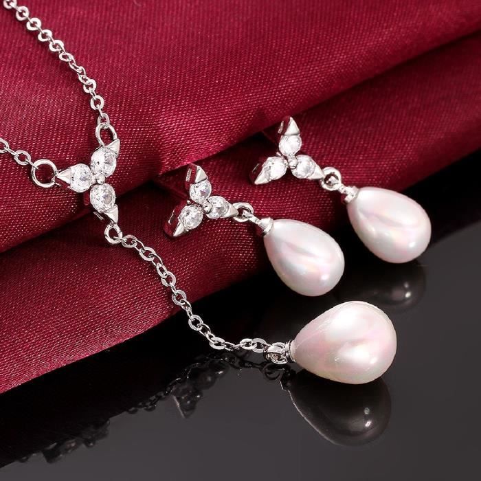 Parure De Bijoux Perles Bleues - Collier Pendentif + Boucles D'oreilles - Métal - Neuf Avec étiquettes