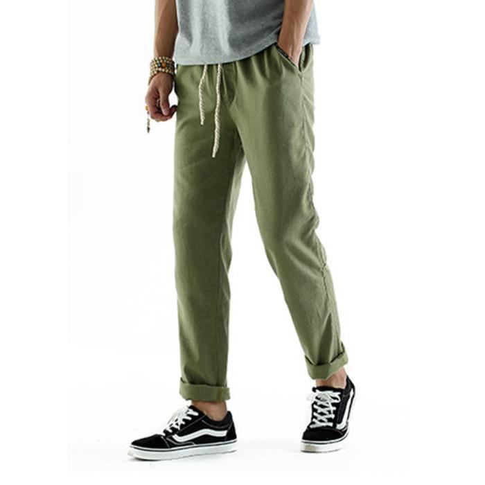 Homme Pantalon En Melange Coton Lin Tissu Fin Coupe Large Decontracte Leger Confortable Respirant Vert Cdiscount Pret A Porter
