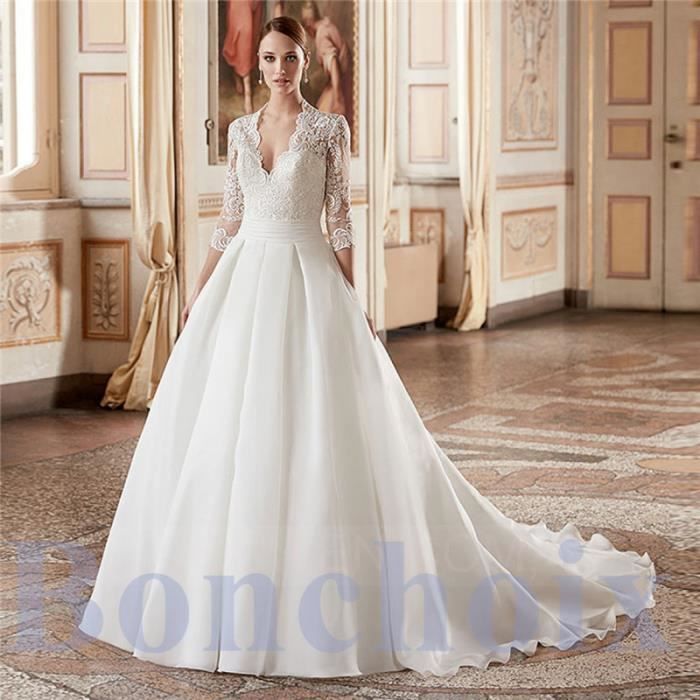 Princesse Robe De Mariée Mariage Femme Maxi Manches Longues Dentelle Blanc Taille Grossesse