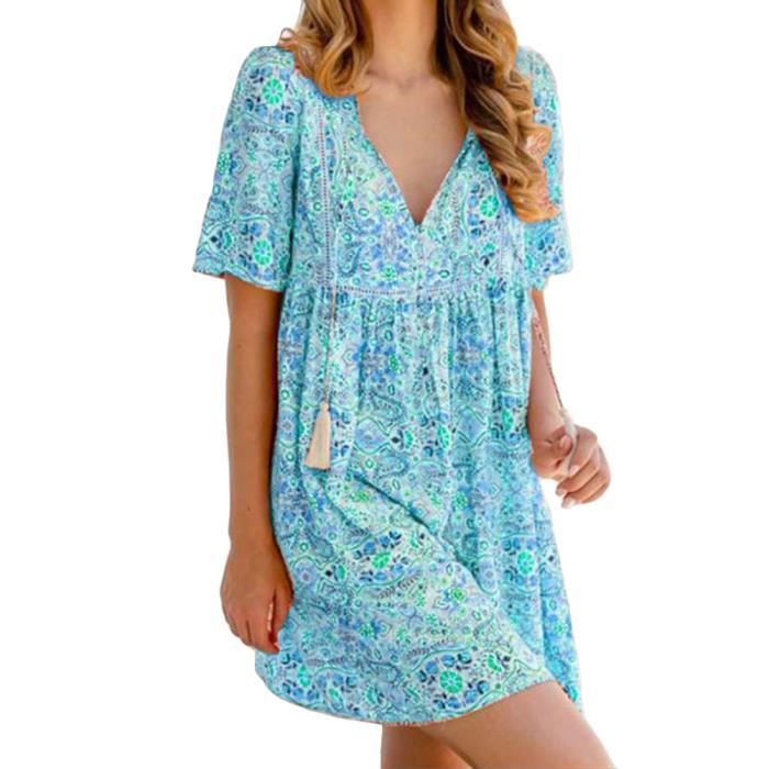 Robe Tunique Femme Minetom - Col V, Manches Longues, Imprimé Ou Uni, Pour Soirée Ou Décontracté